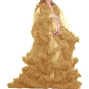 Lange Mouw Geplooide Moederschap Tule Gewaad Voor Fotoshoot Zwangere Badjas Pure Lingerie Nachtjapon AH151, Goud, 32
