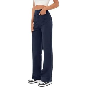 Casual stretchbroek for dames met hoge taille, brede flexibroek met meerdere zakken, broek met rechte pijpen(Dark Blue,XX-Large)
