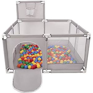 Selonis Square Babybox Met Plastic Ballen, Basketbal, Grijs:Geel/Groen/Blauw/Rood/Oranje,100 Ballen