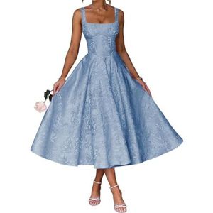 AHERKLL Spaghetti Bandjes Bruidsmeisjes Jurken Bloemen Satijn Jacquard Formele Avond Feest Maxi Jurk Thee Lengte HAH047, Blauw, 32