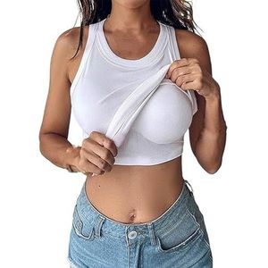 Zenith Ribbed Tank Top Built in Bra, Sexy Round Neck Comfort Sports Camisole Tank Top with Built in Bra for Women (S,White)