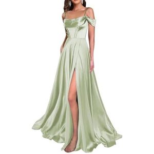 WSEYU Satijn Bruidsmeisjes Jurken Spaghetti Bandjes Galajurken Koude Schouder Formele Avond Feestjurk ZM211, Sage Groen, 32
