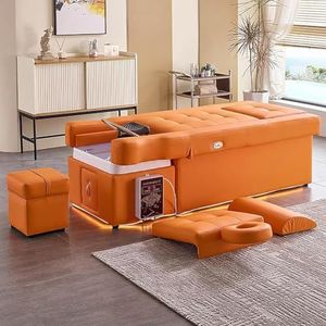 MegLob Hoofdspa-Bed, Japanse Shampoo Bed & Elektrische Lift Massagetafel-In-1, Professionele Schoonheidssalon Shampoo Spa-Bed, Met Voetbad Fumigator/Spa-Bekken/Watercyclus, Hoofd Spa-Apparatuur,Oranje