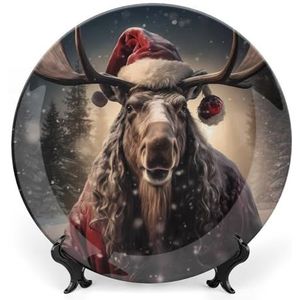 Kerst Herten Eland Met Kerstman Hoed Bone China Plaat Met Stand Ronde Decoratieve Plaat Vintage Thuis Wobble Plaat