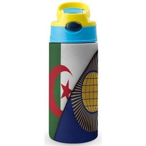 Vlag van Algerije en het Britse Gemenebest 12 oz waterfles met rietje koffiebeker waterfles roestvrijstalen reismok voor vrouwen mannen blauwe stijl