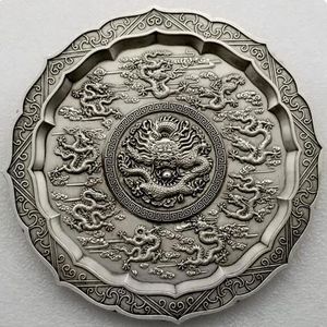 Chinese Feng Shui-borden, Chinese decoraties, 11,4 cm Chinese traditie antiek Tibetaans zilver ambachten handgemaakte draak patroon plaat