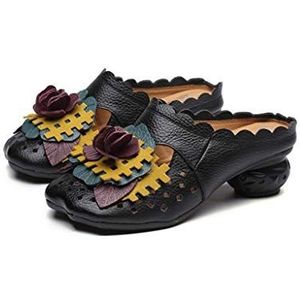 Popoti Zomersandalen voor dames, sleehak, pantoffels van leer, mocassins, pompen, bloem, flip flops met hak, Zwart, 36 EU, sandalen