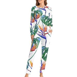 Tropische Bloemen Jungle Bladeren Vogel Zachte Dames Pyjama Lange Mouw Warme Fit Pyjama Loungewear Sets met Zakken XS