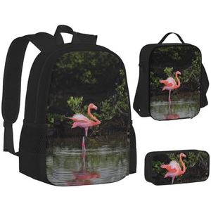 SUHNGE Leuke Pinguïns Print Tiener Boekentas Lunch Tas Potlood Case 3 in 1 School Rugzakken Set Kids Rugzak, Twee Flamingo's, Eén maat