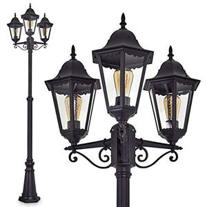 Buitenlamp Hong Kong, gegoten aluminium in mat zwart met heldere glasruiten, 3-armige padlamp, in hoogte verstelbaar, retro/vintage tuinlamp, E27 fitting, IP44, zonder gloeilamp