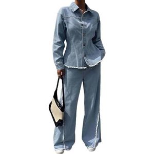 MLSHWUG Dames Herfst Jas Met Ruwe Zoom En Metalen Enkele Rij Knoopsluiting, Brede Broek, Denim 2-Delige Set,Blauw,3XL