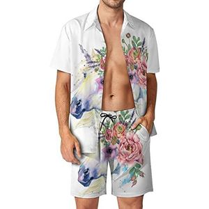 Aquarel Eenhoorn Boeket Mannen Hawaiiaanse Bijpassende Set 2 Stuk Outfits Button Down Shirts En Shorts Voor Strand Vakantie