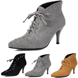 Grote Maten Veterlaarzen Stiletto's Enkellaarsjes Vintage Suède Ankle Boots Spitse Neus Hoge Hakken Herfst Winter Laarzen Elegante Feestavondschoenen for Dames(Gray,43 EU)