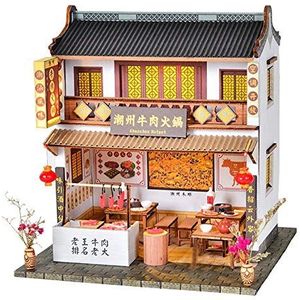 XLZSP DIY Chinese 3D Poppenhuis Oude Architectuur Handgemaakte Mini Houten Huis Miniatuur Poppenhuis Meubelset Kinderen Speelgoed Nieuwjaar Verjaardag Huwelijkscadeau (Chaozhou Beef Hotpot)