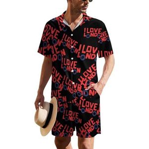 I Love London Funny Bus Hawaïaans pak voor heren, 2-delig, strandoutfit, shirt en korte broek, bijpassende set