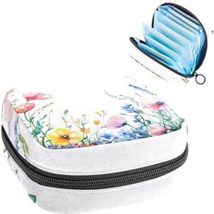 Aquarel Zomer Kleurrijke Wildflowers Maandverband Opbergtas, Grote Menstruatie Cup Pouch met Rits, Menstruatie Pads Bag Store Panty Liners Tampons voor Meisjes Vrouwen
