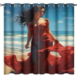 AEMYSKA Vrouw op het strand thermisch geïsoleerde kamer verduistering slaapkamer gordijnen moderne blauwe zee mooie vrouw print tule gordijn panelen/gordijnen 63 x 63 inch