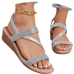 Glitter Sandalen Met Strass Steentjes Dames Zomer Elegante Sandalen Met Sleehak Rubber Riem Slingback Sandalen Comfortabele Zachte Zool Strand Schoenen Casual Boho Vakantie Sandalen,36-43(Silver,43 EU