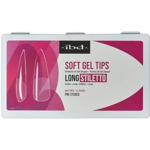 IBD Soft Gel Tips Long Stiletto, 504 stuks, 12 maten, gemaakt in de VS, transparante nageltips, zachte geltips voor nagelverlenging, lange stiletvorm