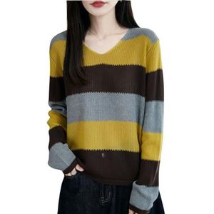 Gestreepte Wollen Trui for Dames Modieuze Trui Met Lange Mouwen En V-hals Lichtgewicht Los Gebreide Pullover Warme Herfst-winteroutfits Casual Warme Tops(Yellow,L)