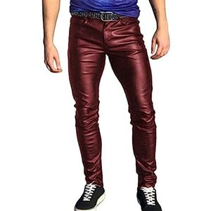 Lente Veelzijdige Solid PU High Street Style Casual Slim Fit veelzijdige halfhoge rechte leren broek for heren (Color : Wine red, Size : S(50-60KG))