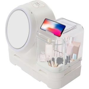 Stofdichte make-up opbergdoos met spiegel LED-ventilator voor make-upbeheer, moderne make-up opbergdoos voor badkamer, kaptafel, make-uptafel en aanrecht, Wit, Eén maat