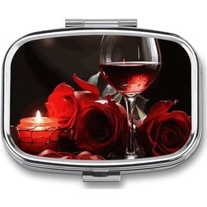 Rode roos wijnglas en kaars pillendoos 2 compartimenten vierkante pillendoos met spiegel metalen pillenorganizer reizen pillendoos mini medicijnopbergdoos voor zak portemonnee