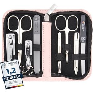 DREI SCHWERTER - Manicureset 'Roma' - nageletui met 8 instrumenten: nagelschaar, huidschaar, voet/vingernagelknipper, nagelreiniger, pincet, glazen nagelvijl, saffier nagelvijl - roze