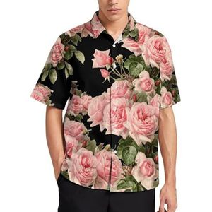 Roze rozen bloemen zomer heren shirts casual korte mouw button down blouse strand top met zak 3XL