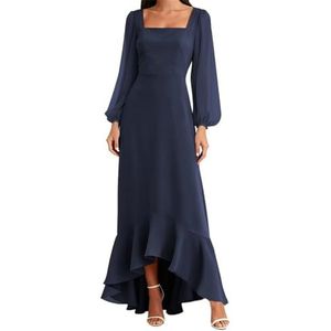 AHERKLL Bruidsmeisjesjurken met lange mouwen voor bruiloft chiffon formele avondfeest maxi-jurk hoog laag HAH052, Donkerblauw, 32