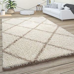 Hoogpolig tapijt, zachte shaggy voor de woonkamer in Scandinavische stijl met ruitmotief, Maat:240x340 cm, Kleur:Beige-Crème