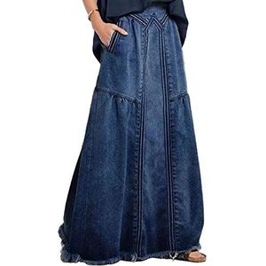 Ebossy Casual lange maxi-damesrok van denim, met elastische taille, gerafelde zoom, A-lijn, ontspannen, hippie-stijl, Donkerblauw, S