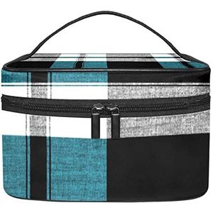 Make-up Organizer Bag, Reizen Make-up Tas Organizer Case Draagbare Cosmetische Tas voor Vrouwen en Meisjes Toiletartikelen Plaid Patroon Geruit Blauw Zwart Wit Grijs, Meerkleurig, 22.5x15x13.8cm/8.9x5.9x5.4in