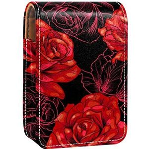 Gepersonaliseerde Lipstick Case Draagbare Make-up Tas Cosmetische Pouch Lippenstift Houder Make-up Organizer Rood Bloeiende Rose Bloemen Zwart, Meerkleurig, 9.5x2x7 cm/3.7x0.8x2.7 in