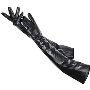 Saeohnssty Dames warme lengte 55-56 cm zwarte schapenvacht lange lederen handschoenen, Zwart, 7