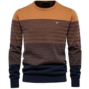 BeerMmay Heren Gestreepte Pullover Met Contrast En Smalle Ronde Hals, Casual Top, Oranje, L