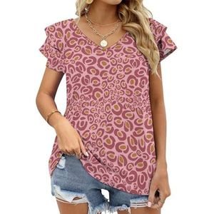 Roze En Goud Luipaard Grafische Blouse Top Voor Vrouwen V-hals Tuniek Top Korte Mouw Volant T-shirt Grappig
