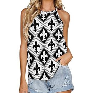 Zwart-wit Fleur-de-lis dames tanktop zomer mouwloze T-shirts halter casual vest blouse print t-shirt 3XL