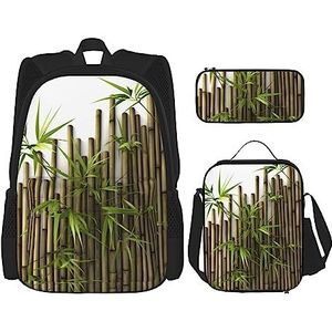 OUSIKA Lente bamboe print 3 stuks rugzak casual dagrugzak lunchbox etui combinatie set voor reizen, zwart, één maat, Zwart, Eén maat