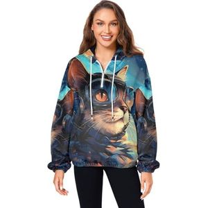 KAAVIYO Abstract Space Cat Kitty Pluizige Jas Trui Hoodie Hooded Zakken Fuzzy Fleece Sweatshirt Ronde hals Truien Hoodies voor Meisjes Vrouwen, Patroon, M