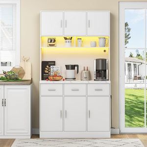 boorbin 100 x 40 x 180 cm, multifunctioneel buffet met ledverlichting met afstandsbediening, laden, verstelbare planken, kabelgeleidingsgaten en stopcontacten (wit)