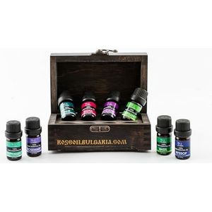 Set van 8 x 10 ml. Verschillende 100% biologische etherische oliën in gegraveerde houten kist: lavendel, munt, ysop, rozemarijn, basilicum, oregano, salvia, grenen