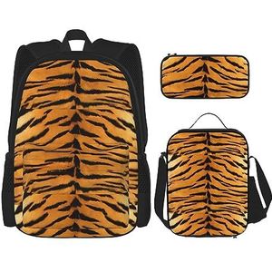 Tiger Skin Rugzak met grote capaciteit, lunchtas, pennenzak, 3-delige set voor kantoor, reizen, kamperen, uniseks, Zwart, Eén maat