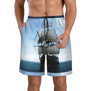 PHTZEZFC Old Sailing Ship Print strandshorts voor heren, zomervakantie, strandshorts, casual, lichtgewicht trekkoord, Wit, XL