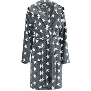 Brandsseller Damesbadjas met Sterren S/M – Zachte badjas van microvezel met capuchon – Oeko-Tex gecertificeerd – Voor thuis, sauna & wellness – Grijs/Wit