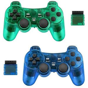 2-pack draadloze controller voor PS2 Playstation Achort 2.4G Gamepad Joystick Remote met Dual Shock Vibration Sensitive Control draadloze ontvangers Sony (ClearBlue en ClearGreen)