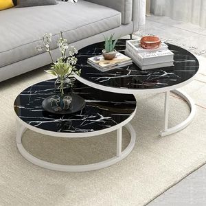 Nesting salontafel-ronde salontafels, set van 2 nesttafel met opslag open plank voor woonkamer moderne minimalistische stijl meubels, ruimtebesparend (kleur: wit frame, maat: 80 cm zwart+60 cm zwart