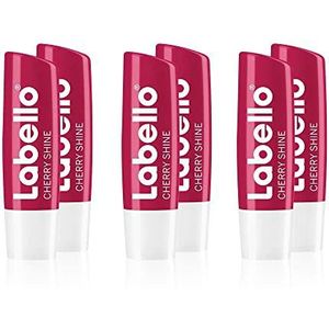 Labello Cherry Shine Set van 6 (6 x 4,8 g), lippenverzorgingsstift met zachtrode glans en glinsterende pigmenten en kersenaroma, lippenverzorging zonder minerale oliën