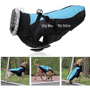 Waterdichte warme hondenjas gewatteerde grote hondenjas winterkleding bontkraag kostuum voor kleine middelgrote grote honden stier gouden retriever labrador Duitse herder (blauw XL)