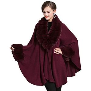 Cool&D Damesponcho, cape, gebreide jas, wintercape, nepbont, met kraag van imitatiebont, Wijn met namaakbont manchetten, One Size